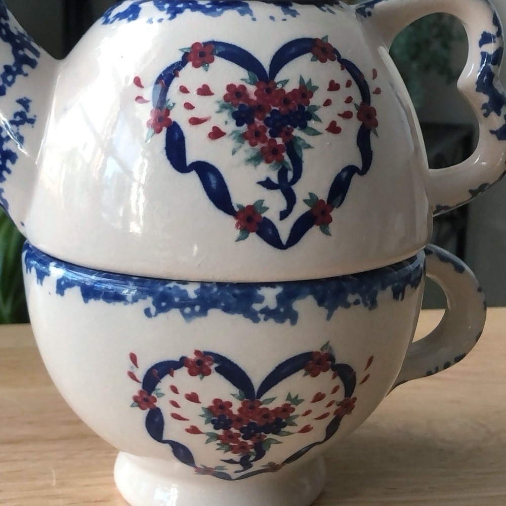 Nantucket Country Hearts Stacking Tea Pot & Cup 16oz Tea for One Vintage Ceramic - Picture 6 of 16